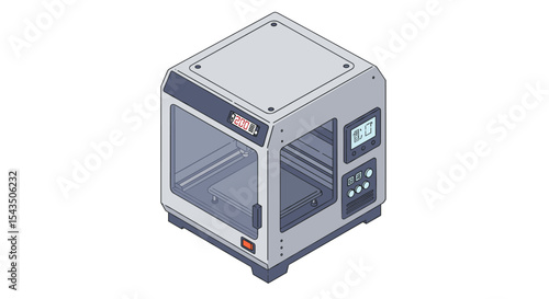 Modern 3d printer with digital display for innovative manufacturing and prototyping isometric style vector illustration