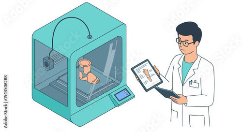 Medical professional operating advanced 3d printer for prosthetic limb creation isometric style vector illustration