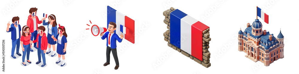 Obraz premium Group of people celebrating with French flags and architecture, concept of Bastille Day 