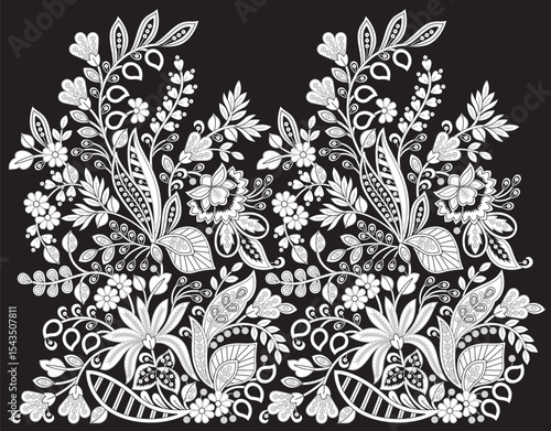 Black and White Floral Embroidery Pattern
Intricate Indian Botanical Design
Traditional Textile Motif with Flowers and Leaves
Monochrome Decorative Floral Art
Seamless Oriental Style Floral Pattern