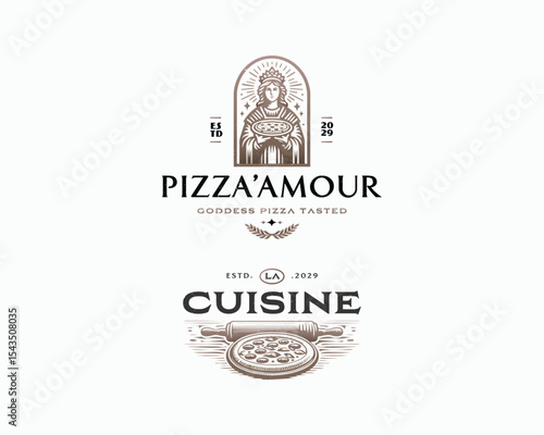 Vintage classic delicious goddess pizza restaurant logo template 