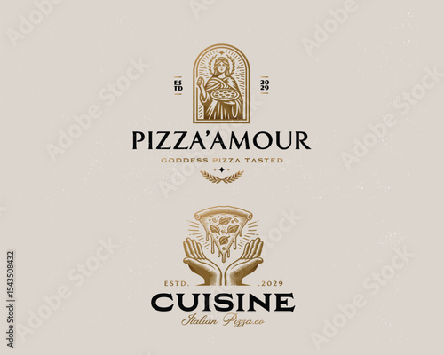Vintage classic delicious goddess pizza restaurant logo template 