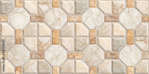 Elegant Beige and Brown Octagon and Rectangle Tile Pattern Design for Interior Walls and Floors