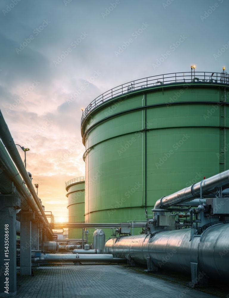 Green industrial tanks stand against a twilight sky amidst pipelines and tiled ground Green industrial tanks stand against a twilight sky amidst pipelines and tiled ground