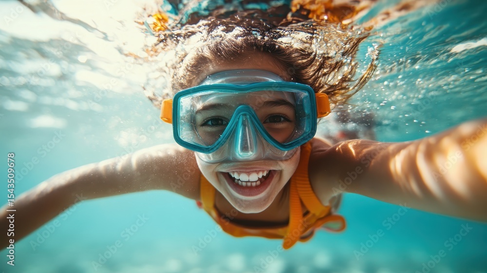 Naklejka premium A joyful child snorkeling underwater, showcasing a vibrant underwater world filled with marine life, promoting fun and adventure in aquatic activities for young explorers.