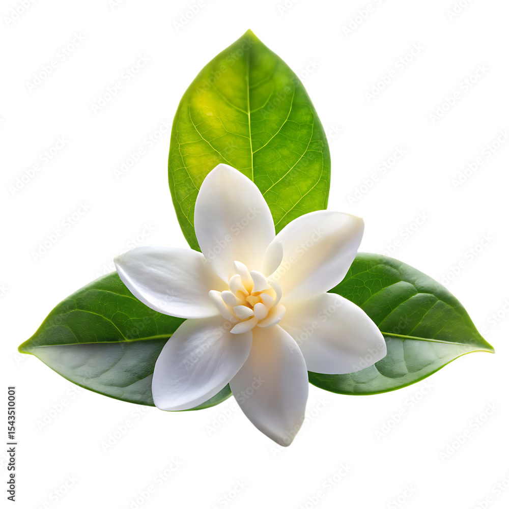 Fototapeta premium Closeup of a Sampaguita Flower with Vibrant Green Leaves Isolated Against a Black Background isolated on a transparent background