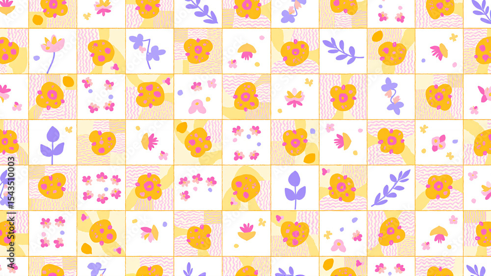 Collection of small, colorful squares with circles, triangles, flowers, leaves, wavy lines, in yellow, orange, pink, blue, purple, arranged densely. Collection of small, colorful squares with circles, triangles, flowers, leaves, wavy lines, in yellow, orange, pink, blue, purple, arranged densely.