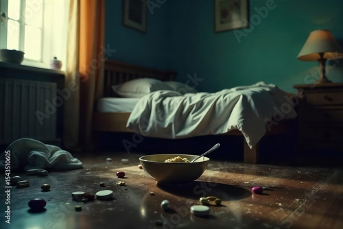 Empty bowl, untouched meal, dim lighting, unmade bed, scattered pills, overflowing trash can, overall feeling of despair and neglect reflecting the emptiness of hunger and depression , messy, meal