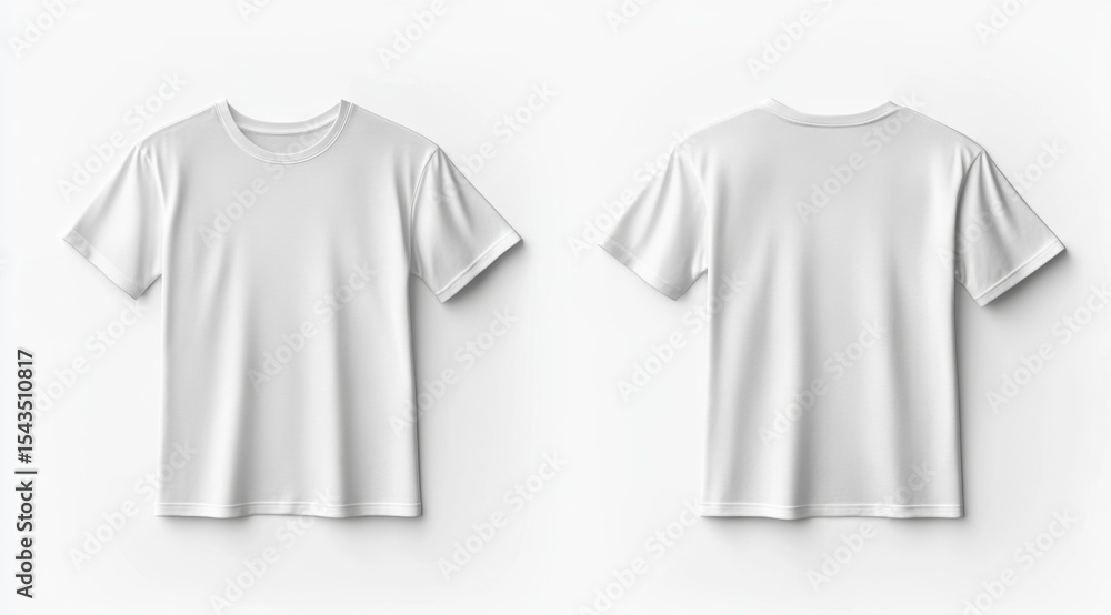 Simple white t-shirt mockup shown front and back, perfect for fashion mockups or textile product presentations. Simple white t-shirt mockup shown front and back, perfect for fashion mockups or textile product presentations.