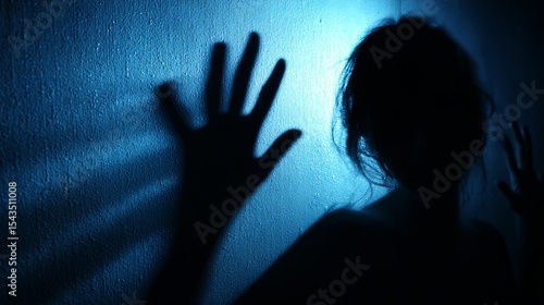 A woman's silhouette is cast on a wall, with her hands outstretched