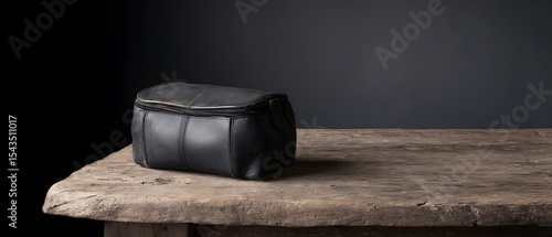 Dark grey cosmetic bag on wooden table