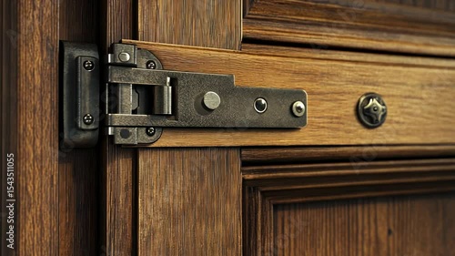 Close-up of a dark wooden door with a metal latch