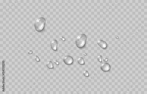 Vector water drops. Drops png, condensation on the window, on the surface. Realistic drops on an isolated transparent background.