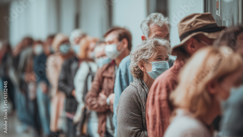 People waiting in a socially distanced line for a COVID 19 vaccine at a community center