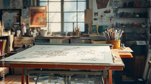 Artist's studio with drawing table and sketches