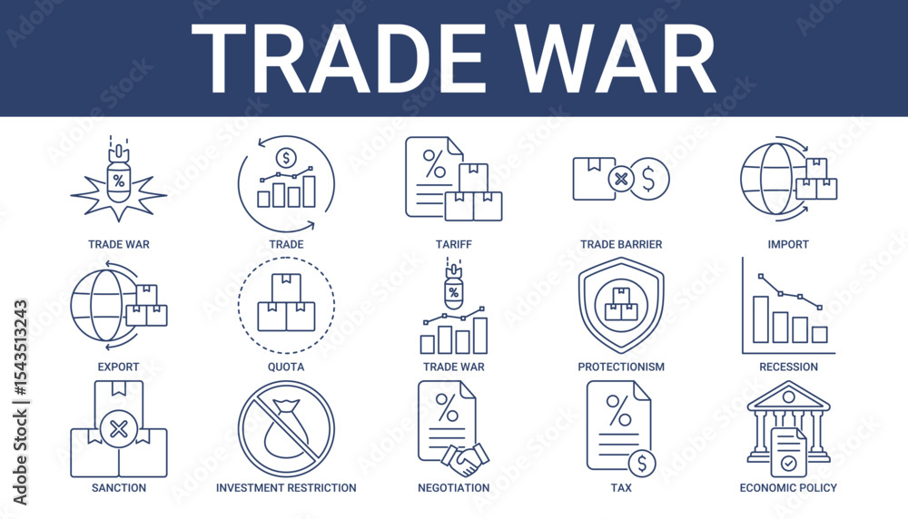 Fototapeta premium Trade War Icon Set Collection with tariff negotiation icon