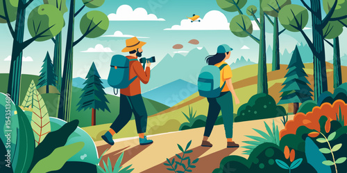 Hiking Couple in Lush Forest Landscape: A Vibrant Nature Scene Perfect for Travel Brochures and Outdoor Branding