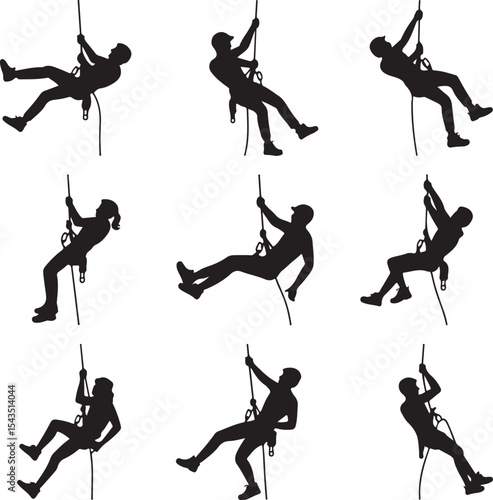 Climber Rappelling Down Cliff Silhouette

Extreme Rappelling Action Vector Scene

Mountain Rappelling Gear Silhouette Design

Rappeller Hanging on Rock Face Vector Art

Vertical Descent Adventure Silh