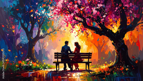 Together Under the Blossoms – Couple on a Bench at Sunset