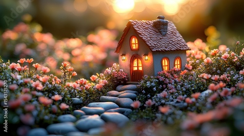 Miniature cottage nestled in a flower-filled garden path at sunset