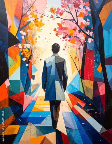 Walking Into Color – Man in Suit Surrounded by Abstract Spring Geometry