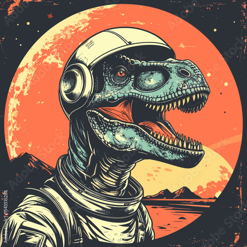 Astronaut Dinosaur with Space Helmet on Alien Planet