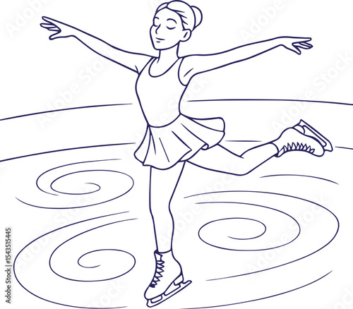 Figure skater performing on ice rink in line art style