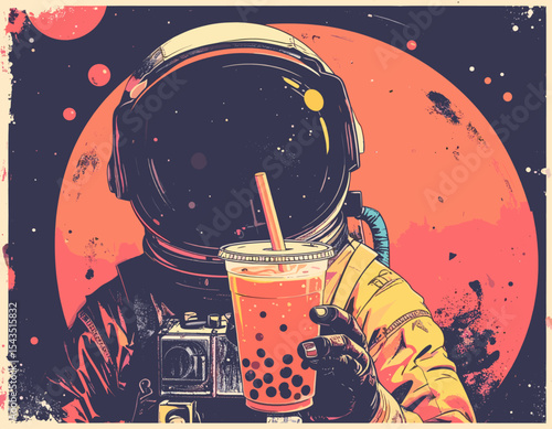 Astronaut Holding Bubble Tea in Space with Moon Background