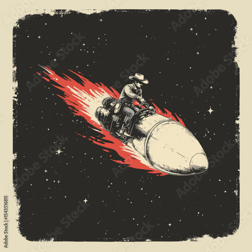 Retro illustration of cowboy riding rocket through outer space with flame trail, surreal vintage sci-fi Western fusion art with bold graphic style