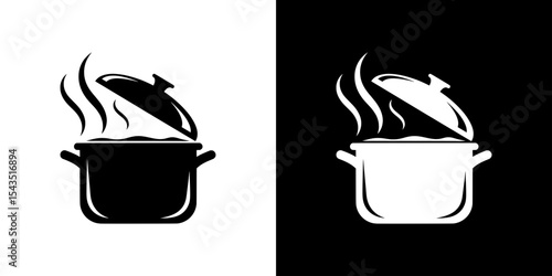Solid Black Open Cooking Pot Icon with Steam Rising – Black and White Version