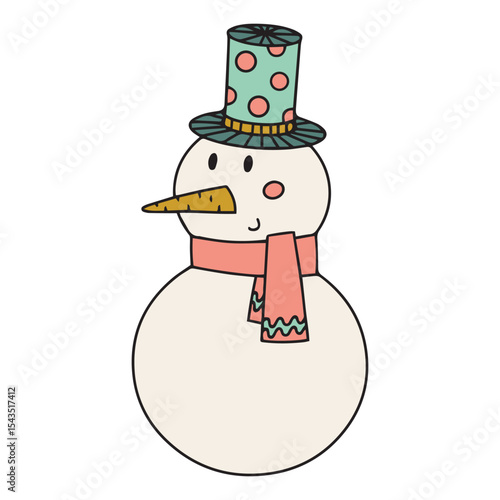 Cute snowman in cylinder hat with carrot nose and red scarf. Vector illustration on separate isolated background. Happy fiction character. Winter snow entertainments and activities