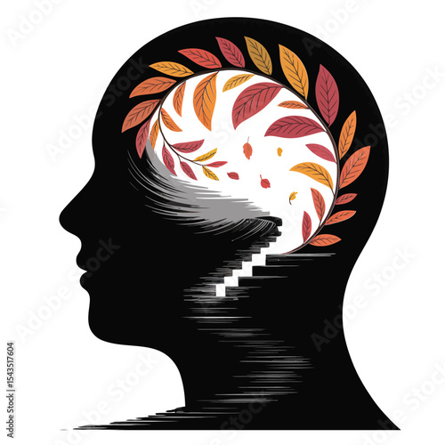 Black and white mindfulness illustration with autumn leaves inside a peaceful head silhouette