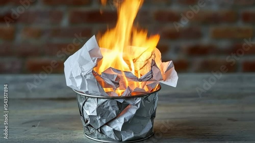 Crumpled paper burning in a small metal container