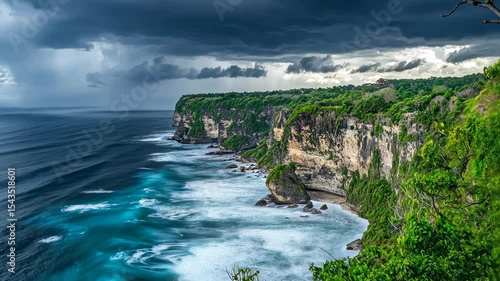 Dramatic coastal cliffs meet stormy sea