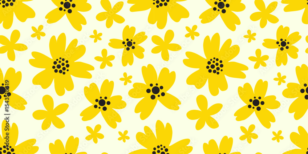 Obraz premium Cute Abstract Yellow Flower Groovy Style Seamless Pattern. Vector Illustration.