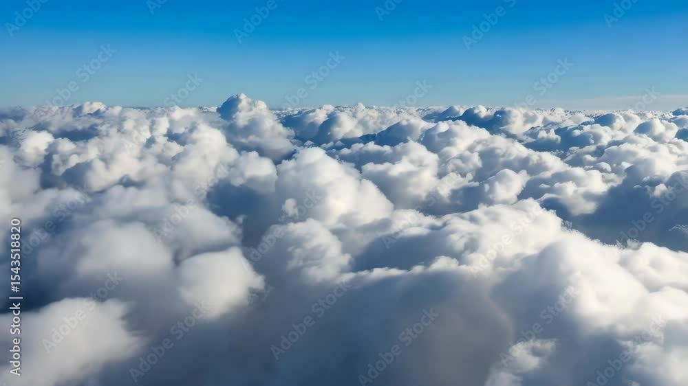 Majestic aerial view of a sea of fluffy cumulus clouds stretching to the horizon under a clear bright blue sky, creating a serene and peaceful atmosphere Majestic aerial view of a sea of fluffy cumulus clouds stretching to the horizon under a clear bright blue sky, creating a serene and peaceful atmosphere