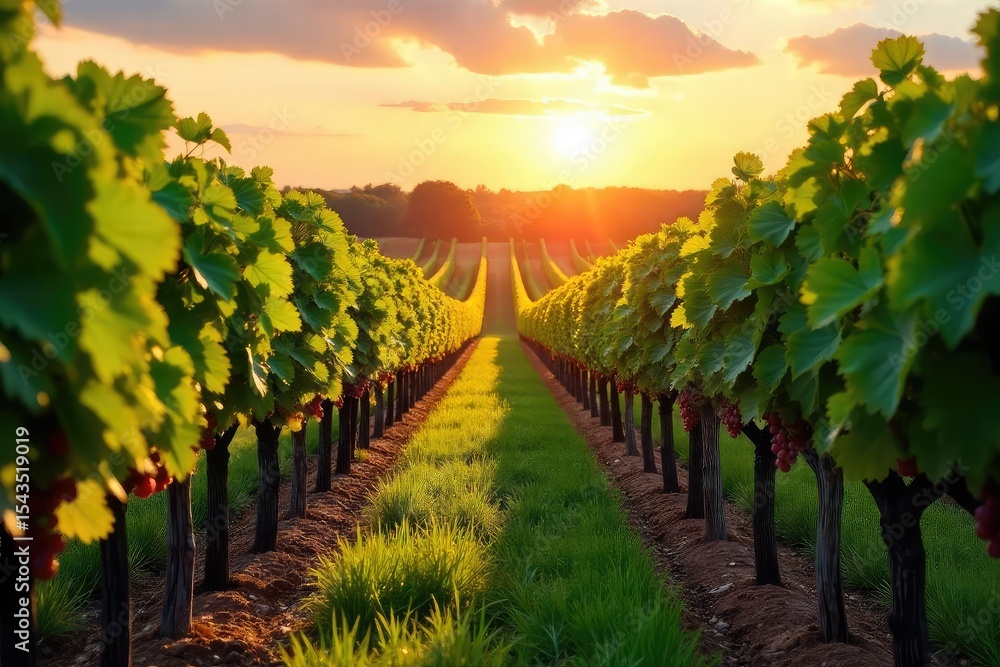 Fototapeta premium Sun-drenched rows of grapevines stretching to the horizon, lush green leaves and ripening fruit promising a bountiful harvest A picturesque vineyard scene at golden hour , winegrowing, rolling hills