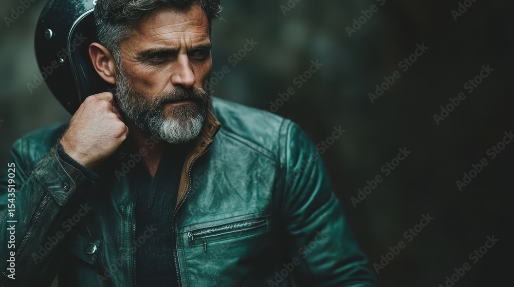 Fototapeta premium A rugged and handsome man sporting a leather jacket, exuding confidence and style, perfect for capturing the spirit of adventure and individuality in fashion photography.