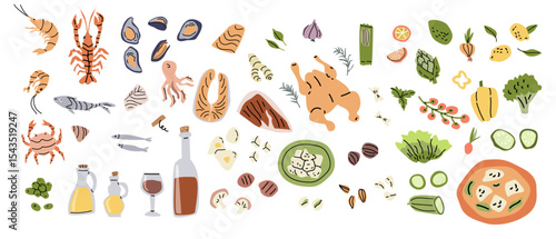 Mediterranean cuisine ingredients and seafood for culinary inspiration. Hand drawn Mediterranean food ingredients collection, flat illustration. Set of italian food, healthy diet products isolated. 