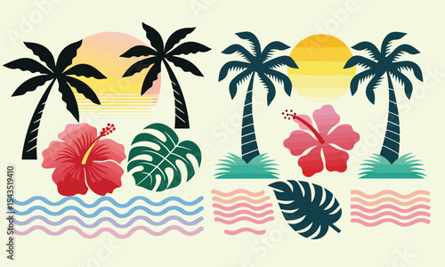 Summer beach sticker set with cute tropical elements.