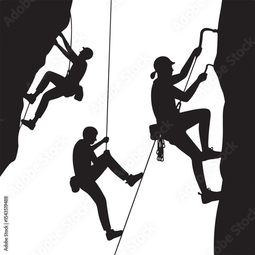 Climber Rappelling Down Cliff Silhouette

Extreme Rappelling Action Vector Scene

Mountain Rappelling Gear Silhouette Design

Rappeller Hanging on Rock Face Vector Art

Vertical Descent Adventure Silh