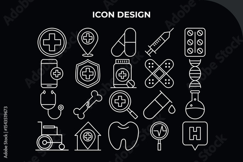 Medical Icons Set White Line Art Black Background Healthcare Symbols