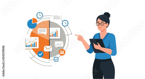 Flat Design Illustration of Businesswoman Holding Tablet and Pointing Toward Floating Charts and Icons Representing Data Visualization, Communication, and Task Management