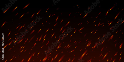 Burning embers and fiery sparks rise against dark smoky background. Hot flame effect with glowing particles and heat glow. Realistic vector overlay. Ideal for bonfire, grill or industrial fire scenes.