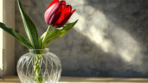 Red tulip in a clear glass vase