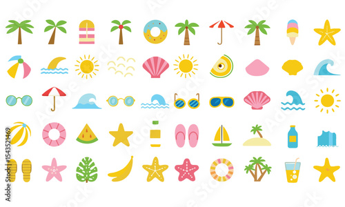 Summer beach sticker set with cute tropical elements.