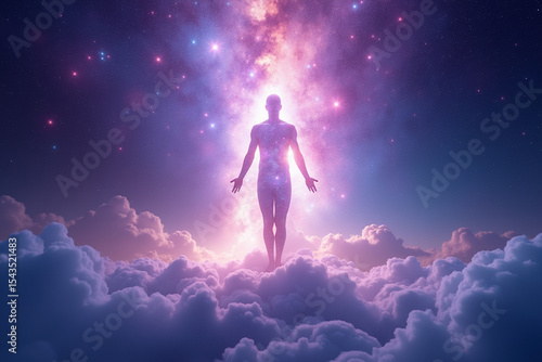 A luminous human figure dissolving into light and stars, standing in the center of the galaxy, surrounded by cosmic waves, soul ascending into the spiritual universe, ethereal colors