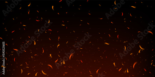 Glowing fire sparks and flying embers on dark smoky background. Fiery particles and red flame texture evoke heat, danger and explosion. Perfect for bonfire, grill or power themes. Realistic vector art
