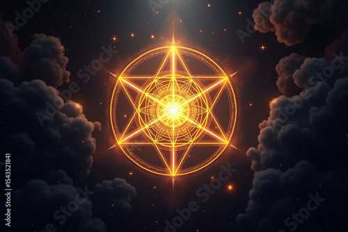 Sacred geometry floating in a cosmic space, flower of life and metatron’s cube glowing with golden light, mystical symbols intertwined with soft fractals, spiritual energy radiating outward 
