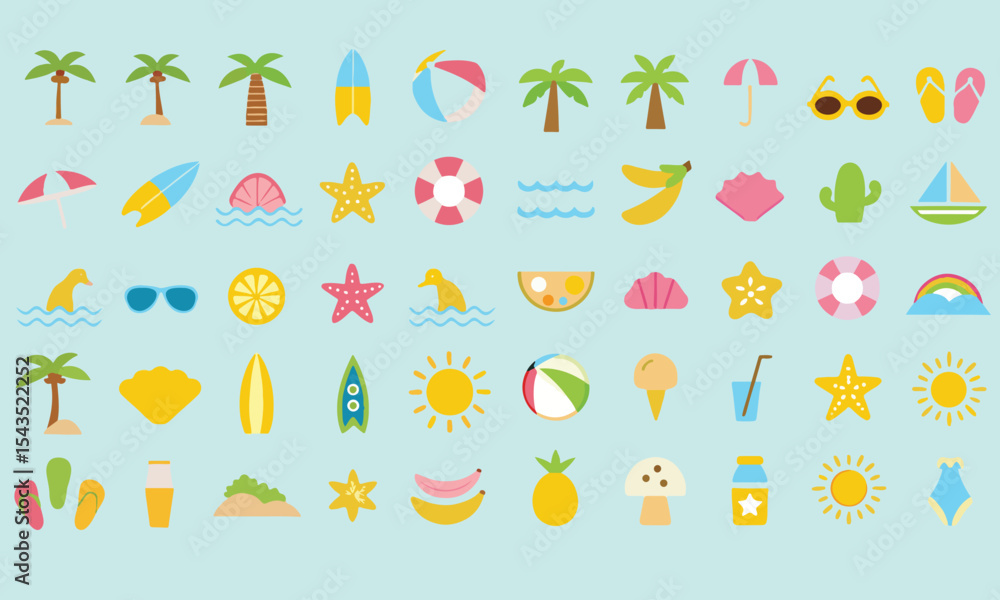 Fototapeta premium Summer beach sticker set with cute tropical elements.